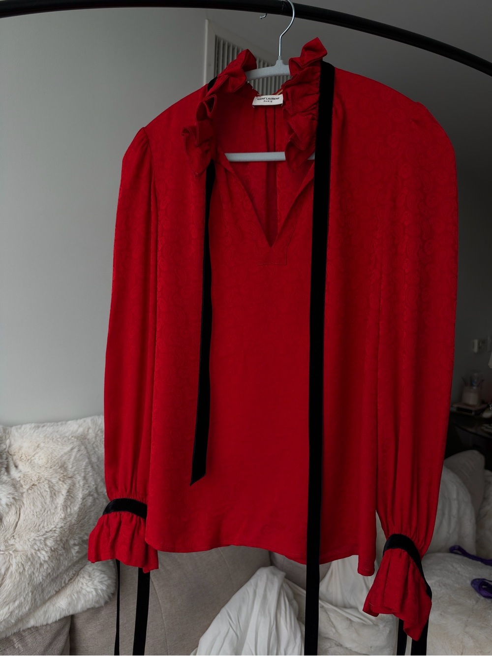 Saint Laurent Red Ruffled Tie-Neck Blouse with Black Ribbon